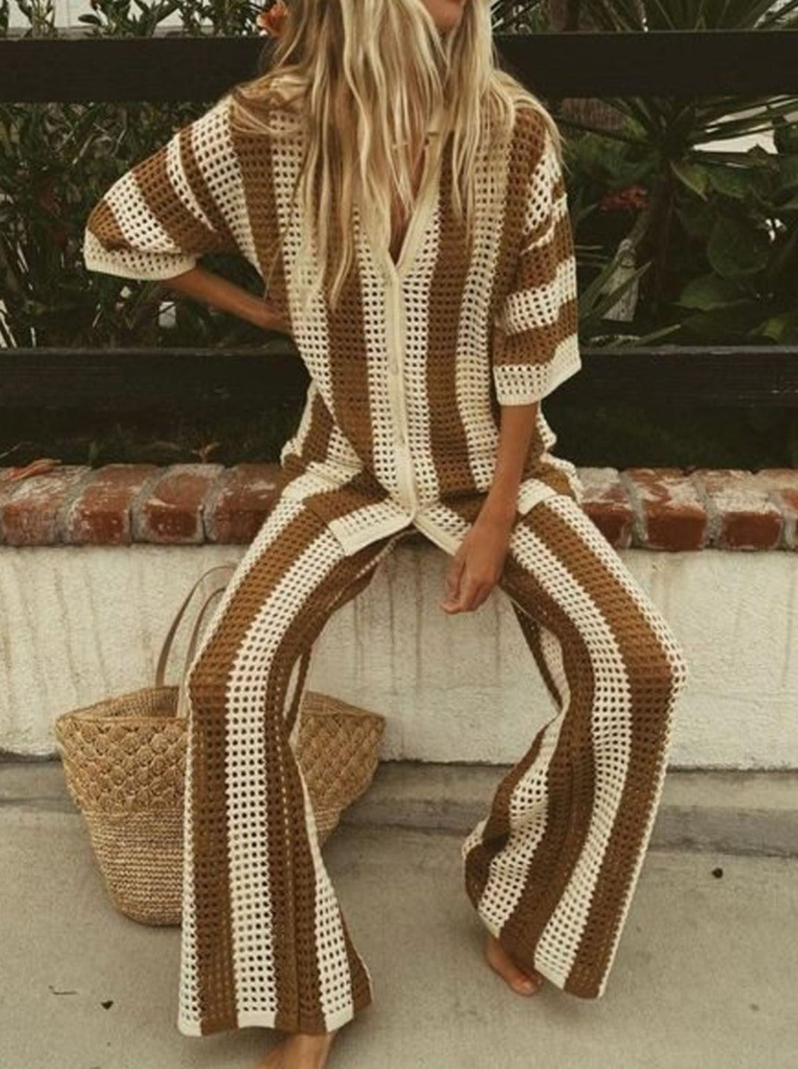 NTG Fad V-neck hollow striped shirt loose knit wide-leg pants suit