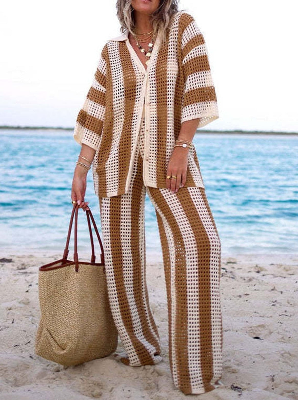 NTG Fad V-neck hollow striped shirt loose knit wide-leg pants suit