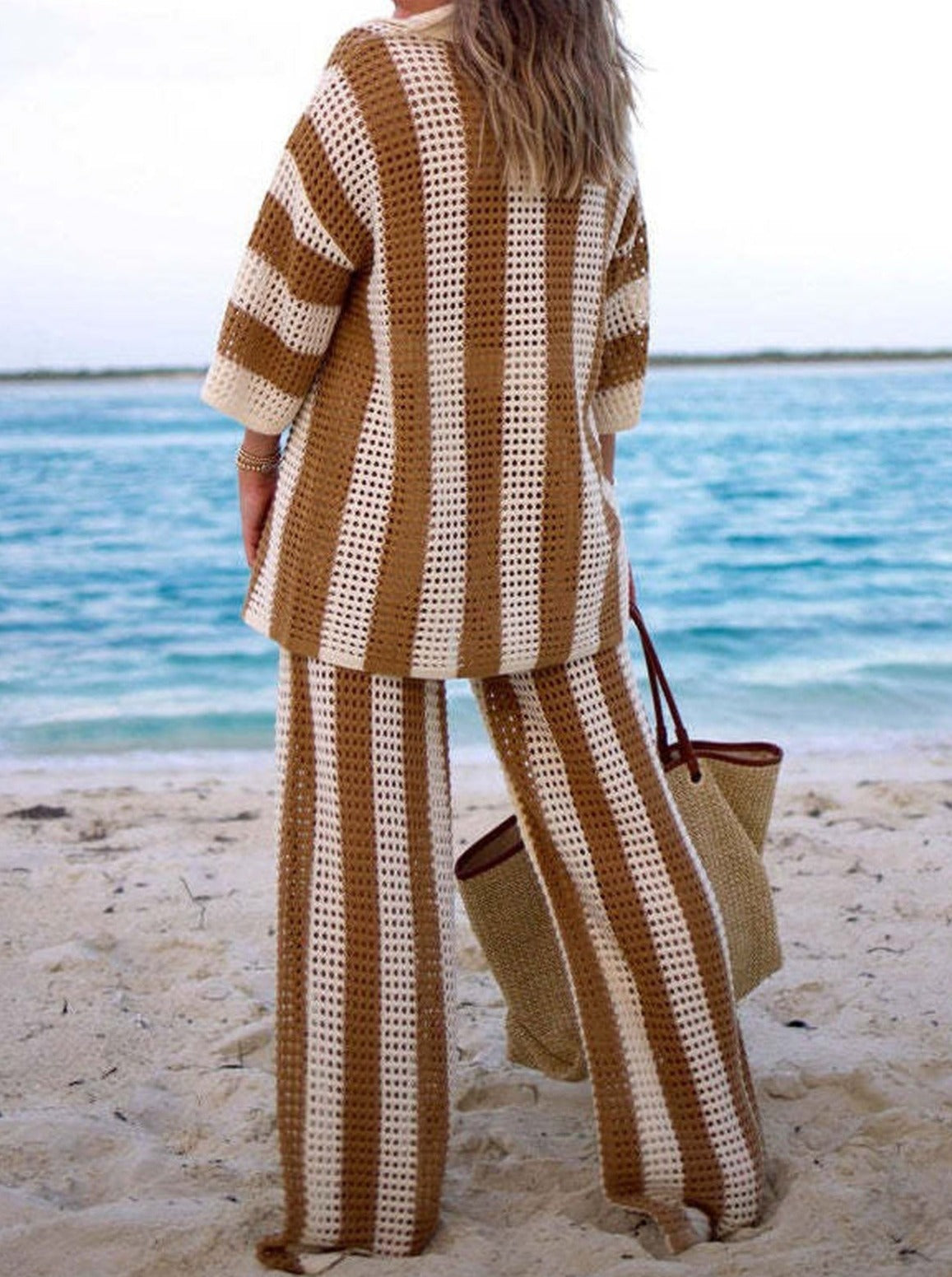 NTG Fad V-neck hollow striped shirt loose knit wide-leg pants suit