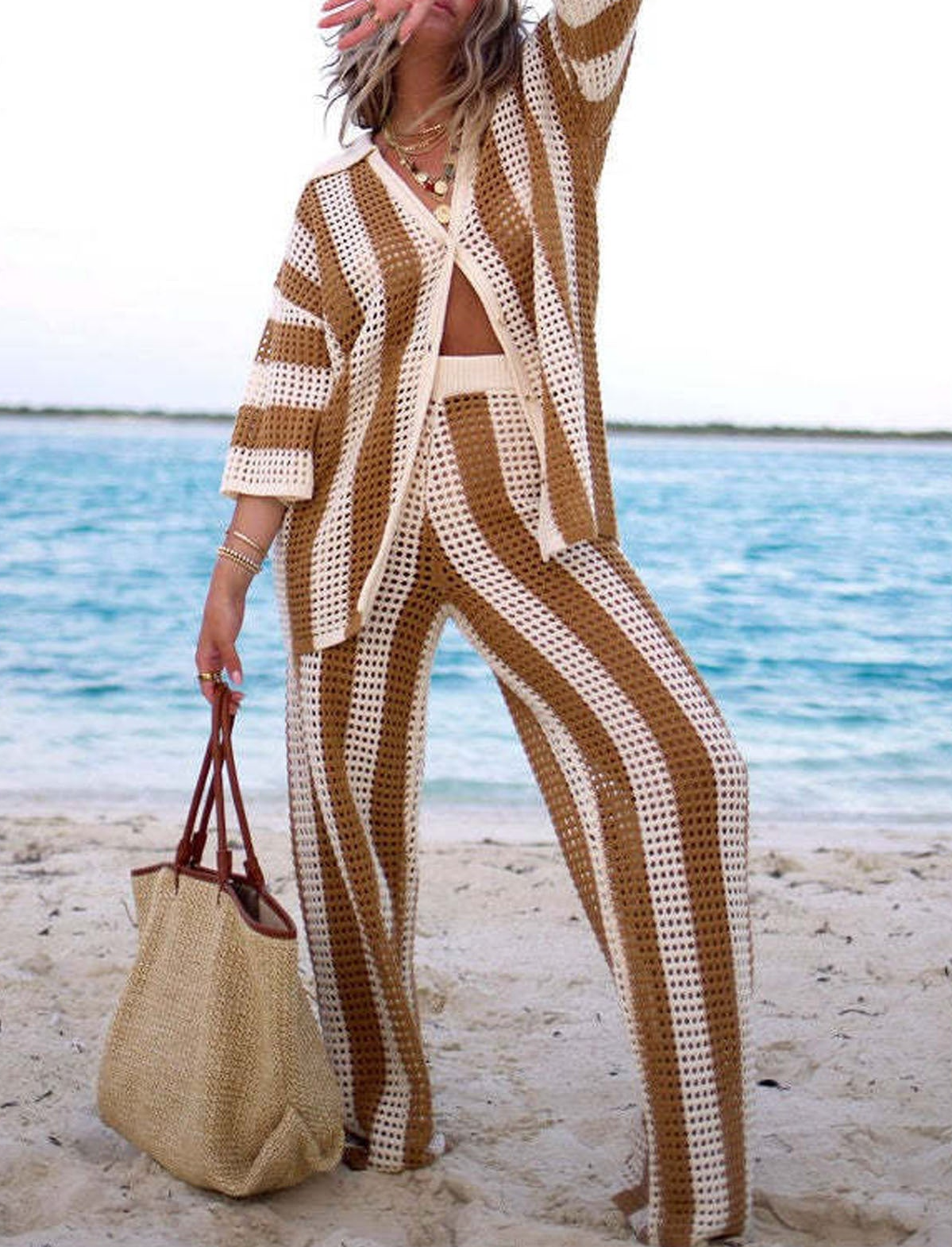 NTG Fad V-neck hollow striped shirt loose knit wide-leg pants suit