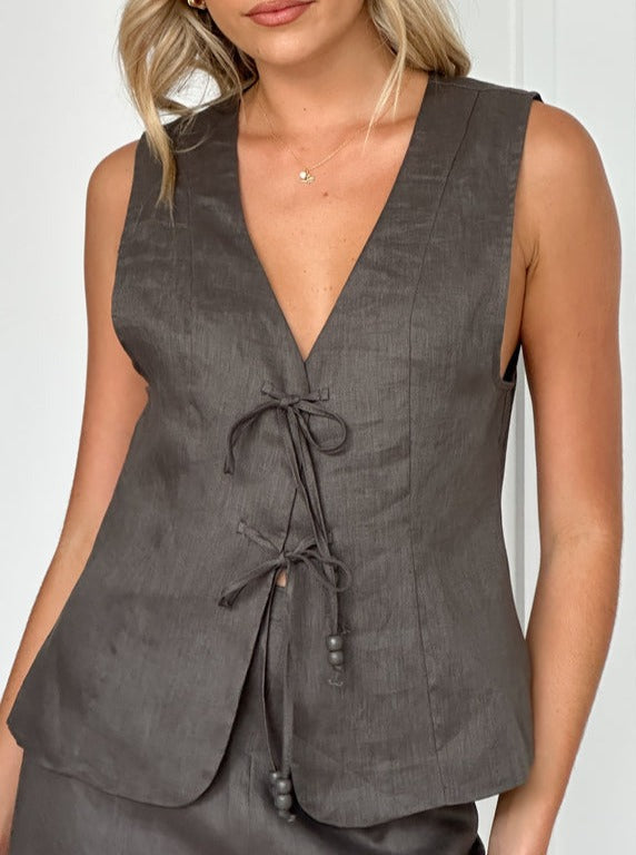 NTG Fad Vest Gray / S Cotton and Linen Deep V Lace-Up Vest