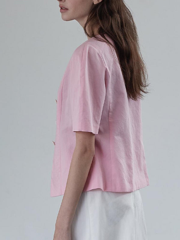 NTG Fad Vest Pink Button-Front Linen and Cotton Top-(Hand Made）