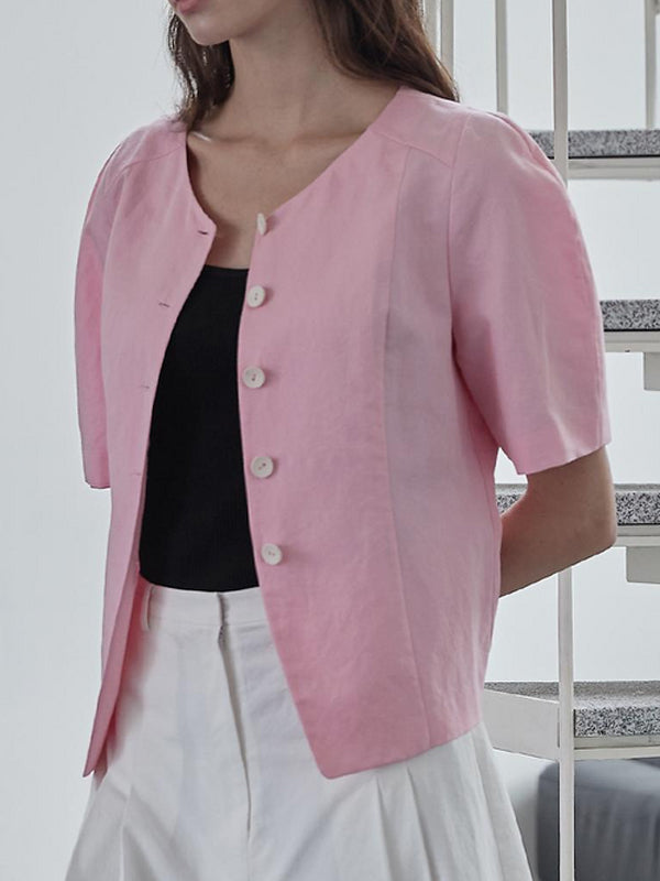 NTG Fad Vest Pink Button-Front Linen and Cotton Top-(Hand Made）