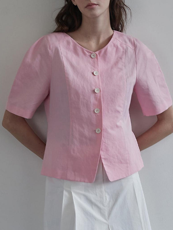 NTG Fad Vest Pink / S Pink Button-Front Linen and Cotton Top-(Hand Made）