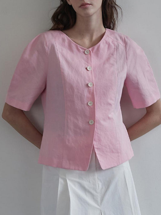 NTG Fad Vest Pink / S Pink Button-Front Linen and Cotton Top-(Hand Made）