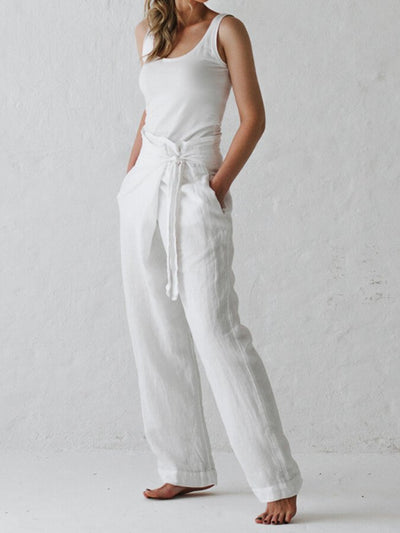 NTG Fad White Cotton Linen Lace Up Casual Pants