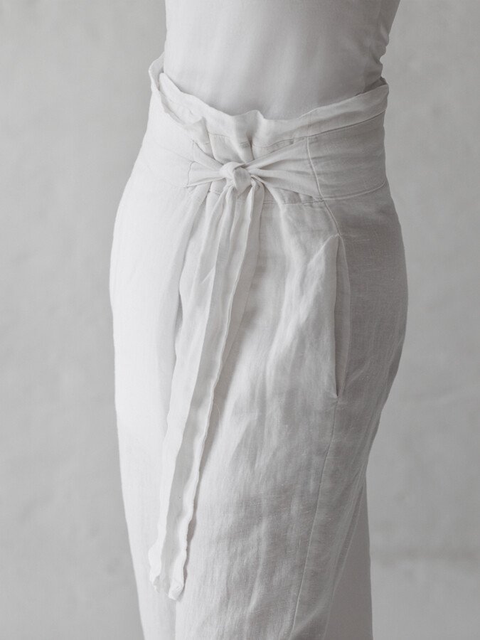 NTG Fad White Cotton Linen Lace Up Casual Pants