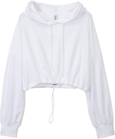 NTG Fad White / Large Cropped Hoodies Long Sleeve Drawstring Casual Crop Top