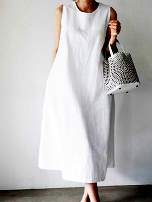 NTG Fad White / M Loose Solid Color Pocket Sleeveless Cotton And Linen Dress