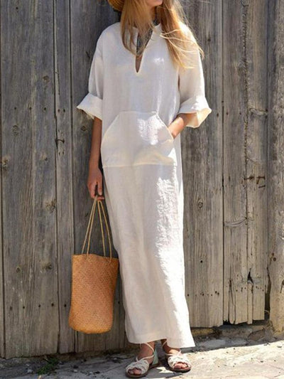 NTG Fad White / M Women's Cotton Linen Casual Slit Pocket Dress