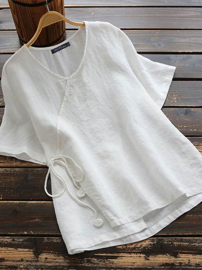 NTG Fad White / M Women's Cotton Linen Solid Color Lace-Up Button-Up Shirt