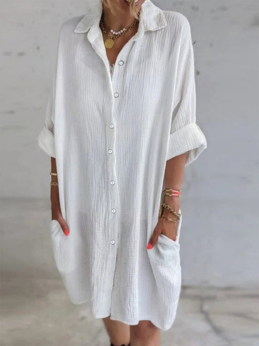 NTG Fad White / M Women's Cotton Linen Solid Pocket Long Sleeve Lapel Button Down Shirt Dress