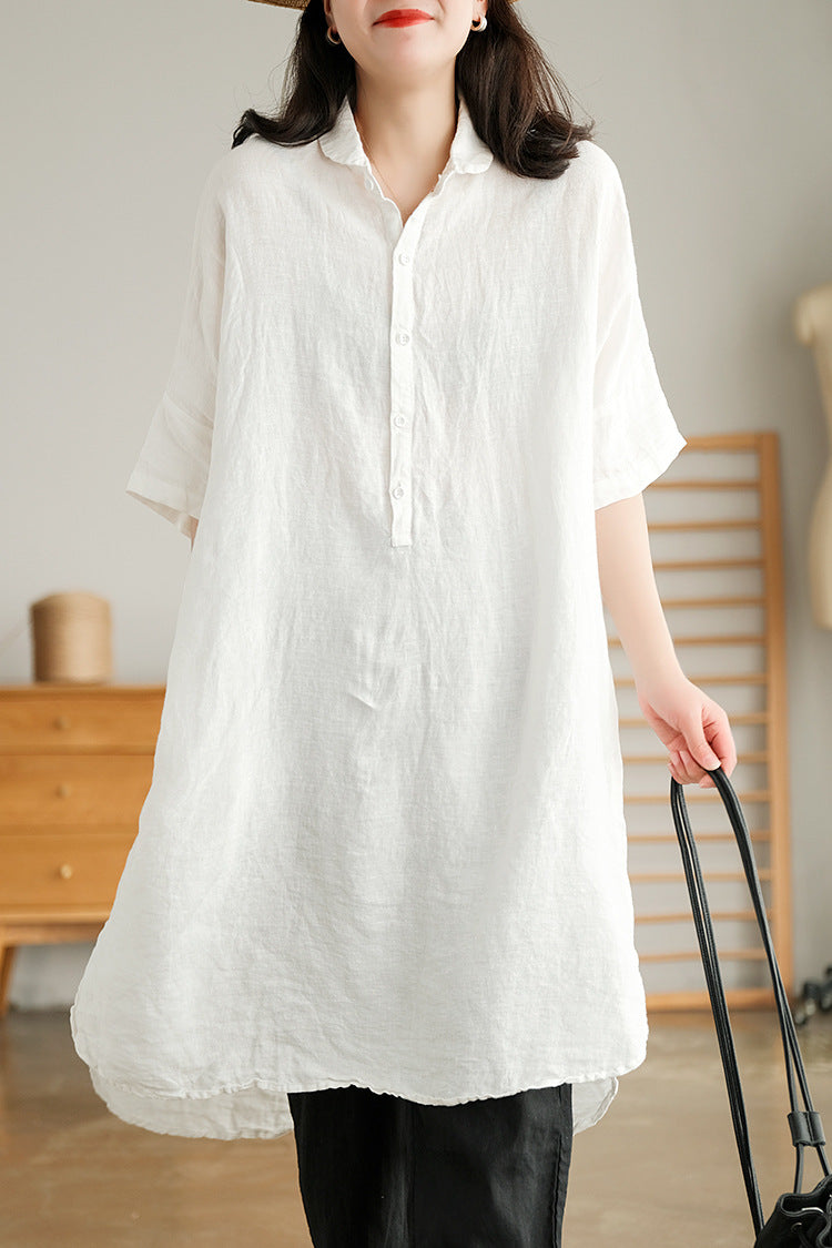 NTG Fad White / M Women's Loose Cotton Linen Half Sleeve Dress