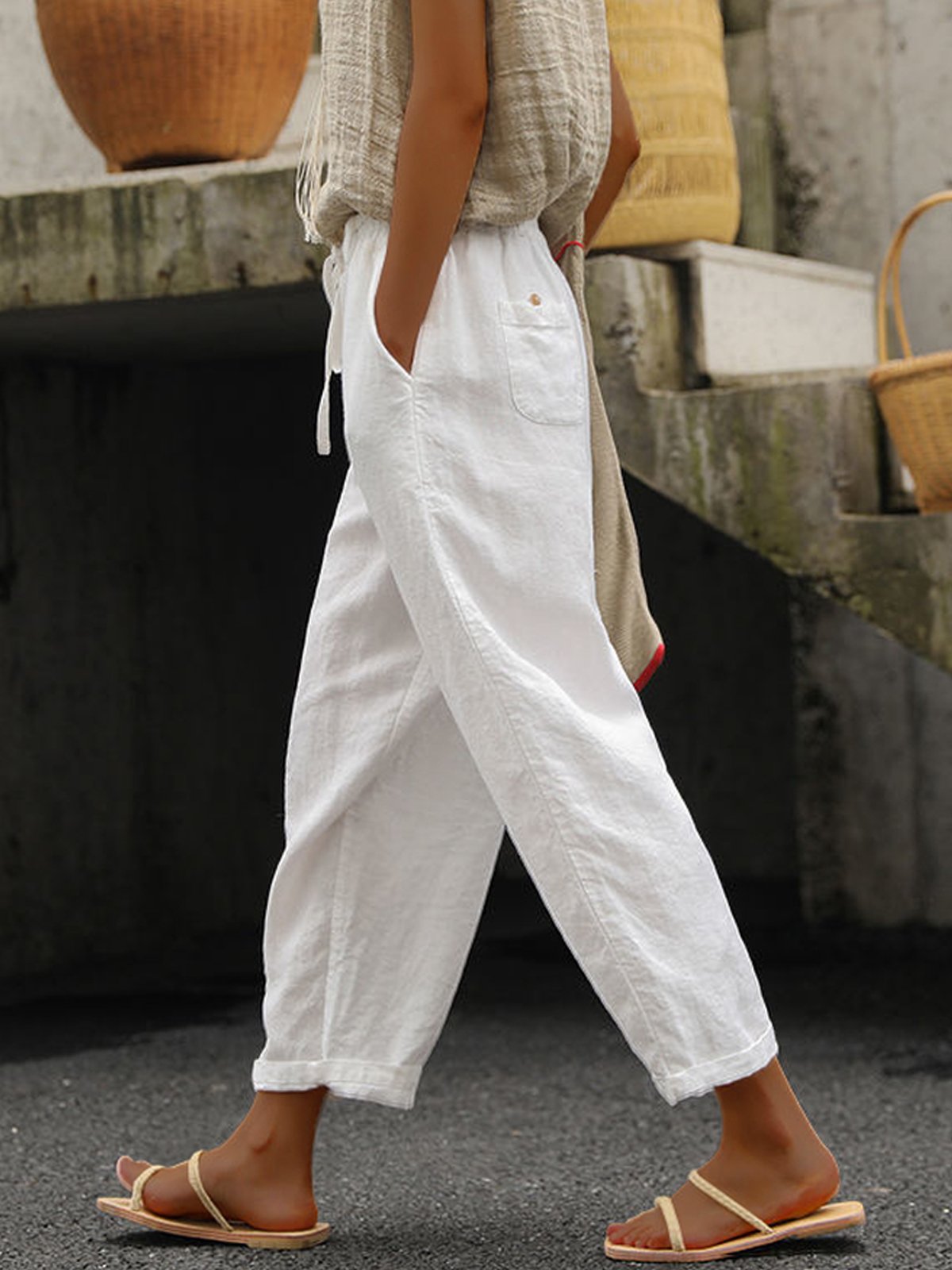 NTG Fad White / M Women's Pure Color Elegant Casual Cotton Pants