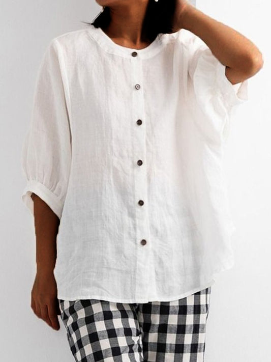 NTG Fad White / M Women's Solid Color Lantern Sleeve Retro Loose Medium Sleeve Cotton Linen Shirt