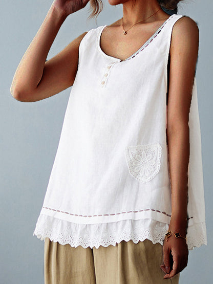 NTG Fad White / M Women's Vintage Cotton Linen Solid Lace Loose T-shirt