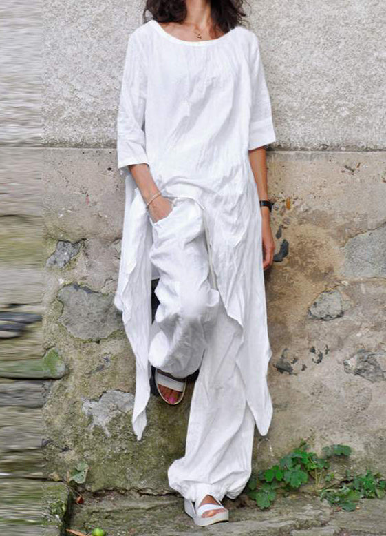 NTG Fad White / S Casual Loose Irregular 3/4 Sleeve Cotton and Linen Two-piece Suit