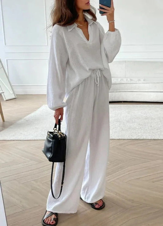 NTG Fad White / S Casual loose long-sleeved lapel top + drawstring trousers two-piece set