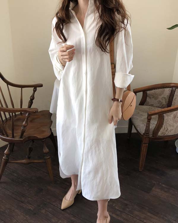 NTG Fad White / S Casual Loose Solid Color Cotton Linen Shirt Dress