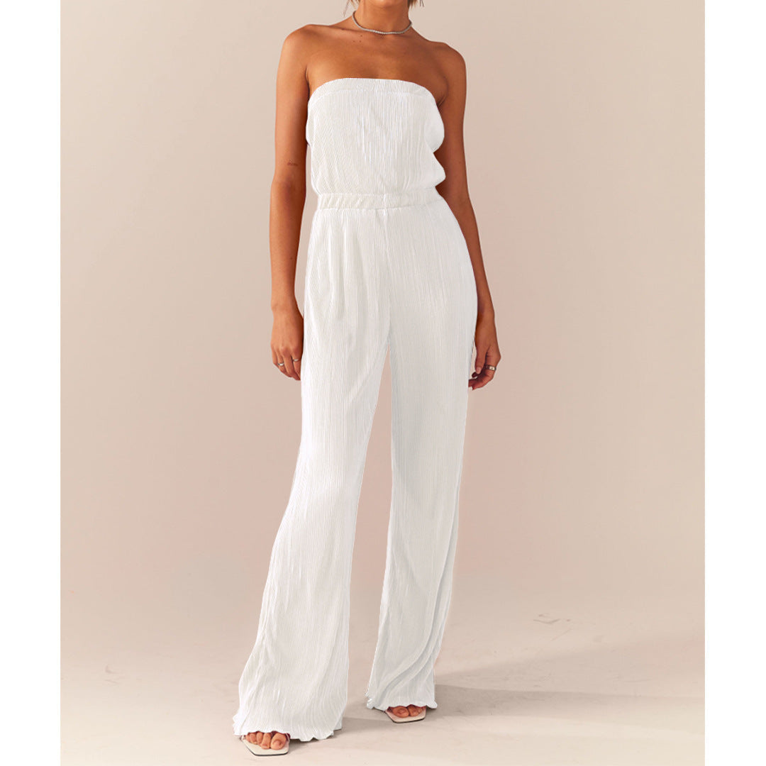 NTG Fad White / S Comfortable pleated fabric bust-swinging wide-leg jumpsuit