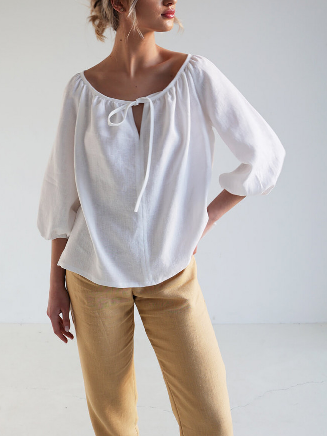 NTG Fad White / S Cotton Linen Blouse Bloom with Tie Neck