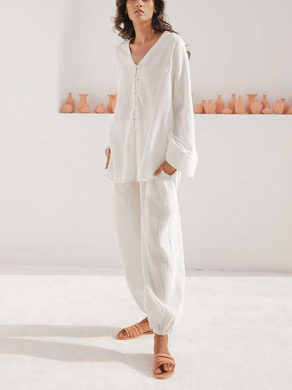 NTG Fad White / S Cotton Long Pajamas Casual Loose Two-piece Set