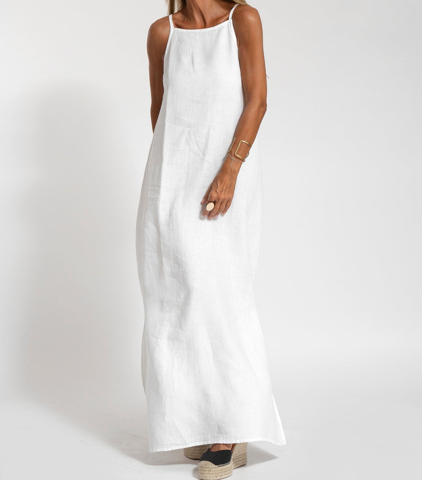 NTG Fad White / S Elegant Solid Color Cotton Linen Sleeveless Long Dress