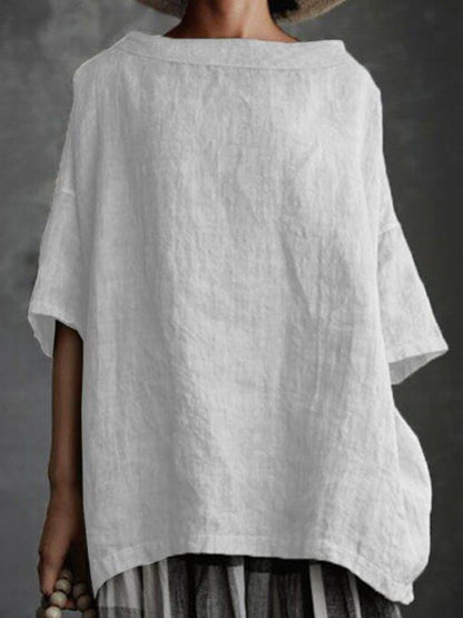 NTG Fad White / S Ladies Cotton Linen Round Collar Loose Casual Shirt