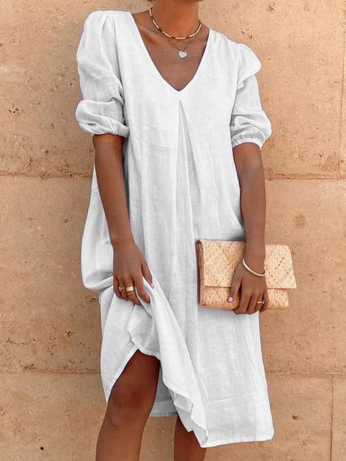 NTG Fad White / S Ladies Cotton Linen Solid Color Fashion Casual Dress