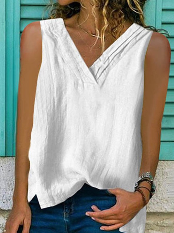 NTG Fad White / S Ladies Cotton Linen V-Neck Hem Bifurcated Sleeveless Shirt