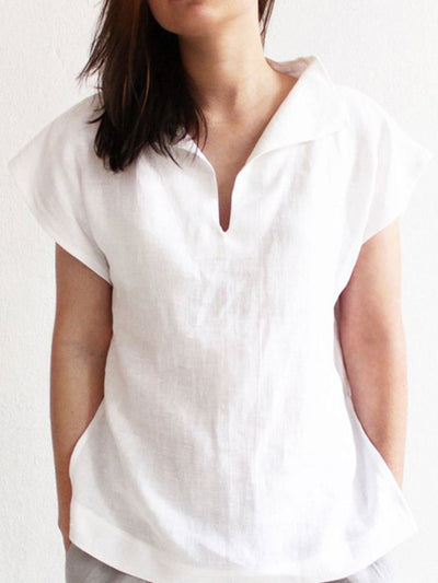 NTG Fad White / S Ladies Cotton Linen V-Neck Simple Shirt