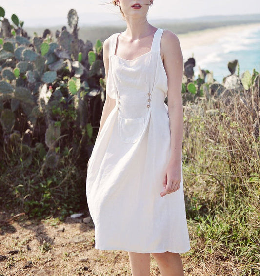 NTG Fad White / S Linen Apron Dress - Sleeveless (Hand Made)