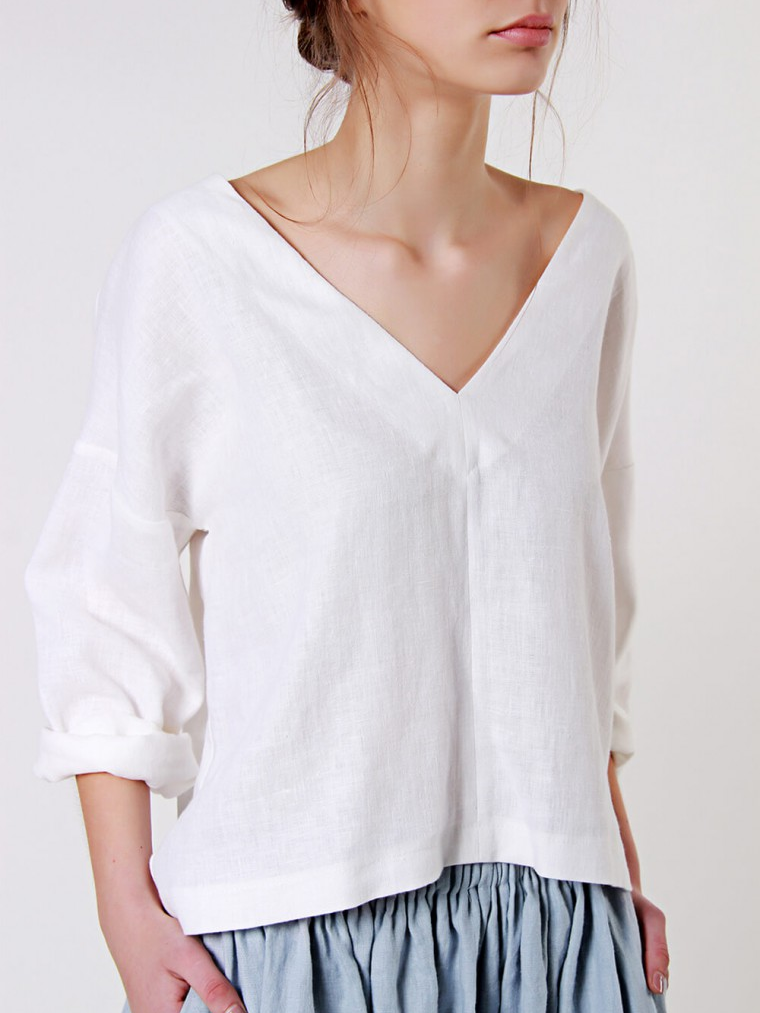 NTG Fad White / S Linen Cotton V-neck Top- Handmade