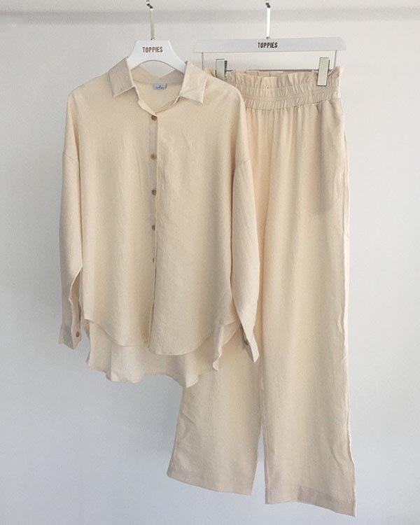 NTG Fad White / S Linen Set Casual Shirt Elastic Pants Suits