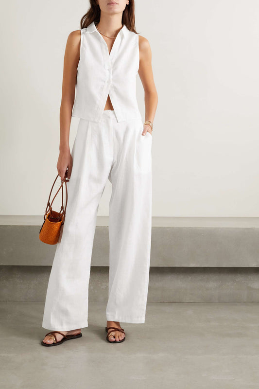 NTG Fad White / S Linen Vest Shirt Trouser Suit-(Hand Make)