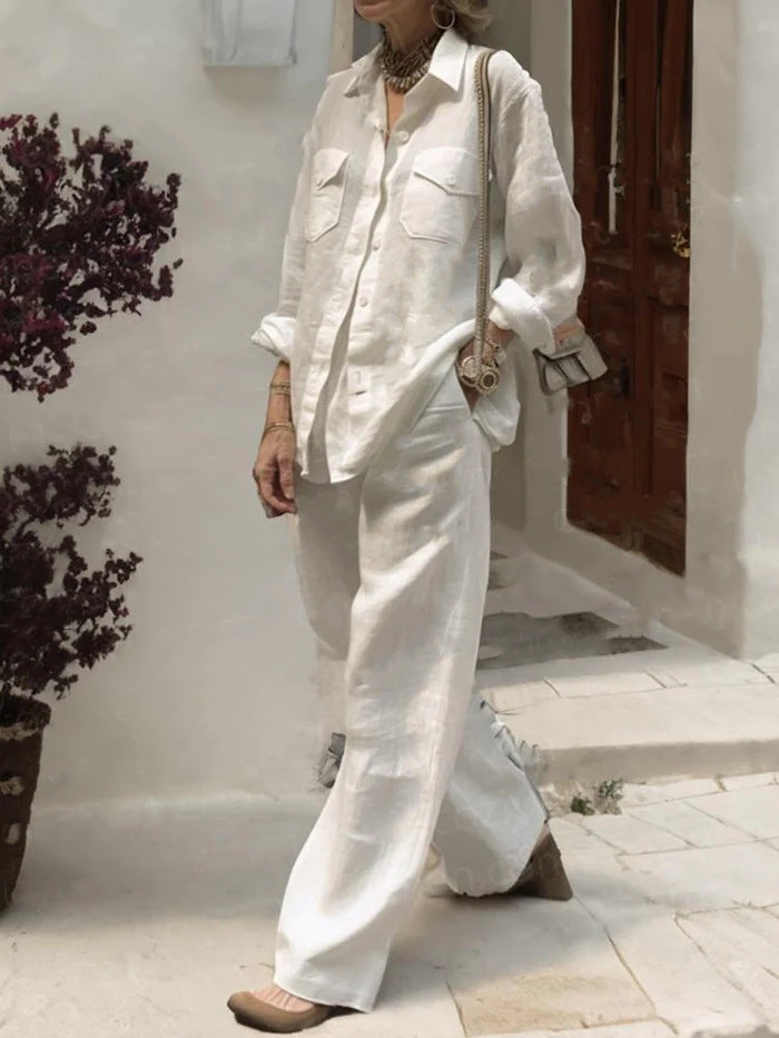 NTG Fad White / S Long-sleeved Shirt Loose Pants Set