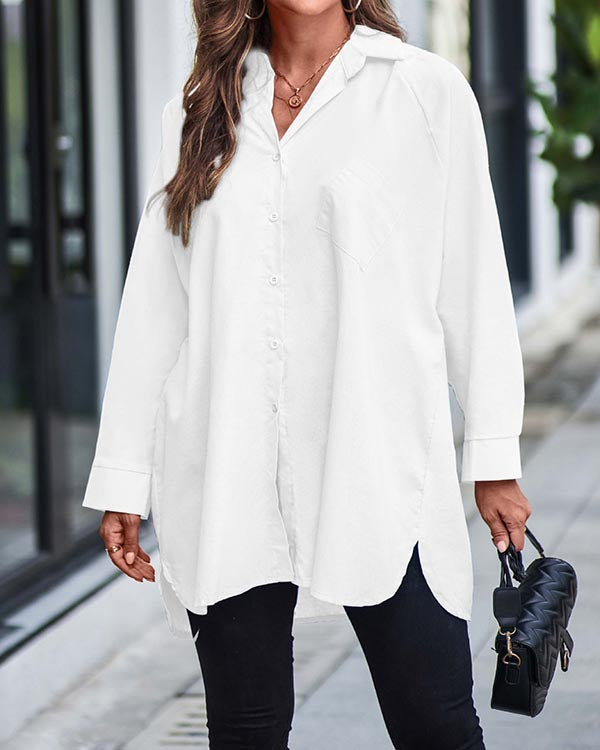 NTG Fad White / S Solid Color Long Sleeve Button Down Shirt Top