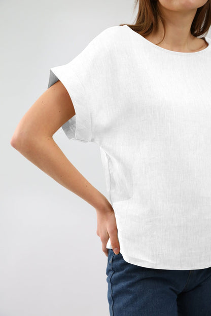 NTG Fad White / S US women's letter 100% Linen Short Sleeve Top