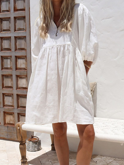 NTG Fad White / S V-neck Puff Sleeve Dress