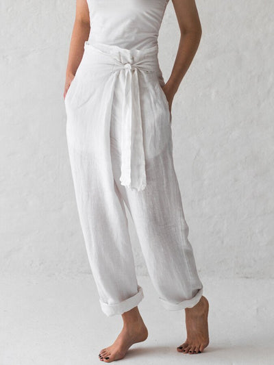 NTG Fad White / S White Cotton Linen Lace Up Casual Pants
