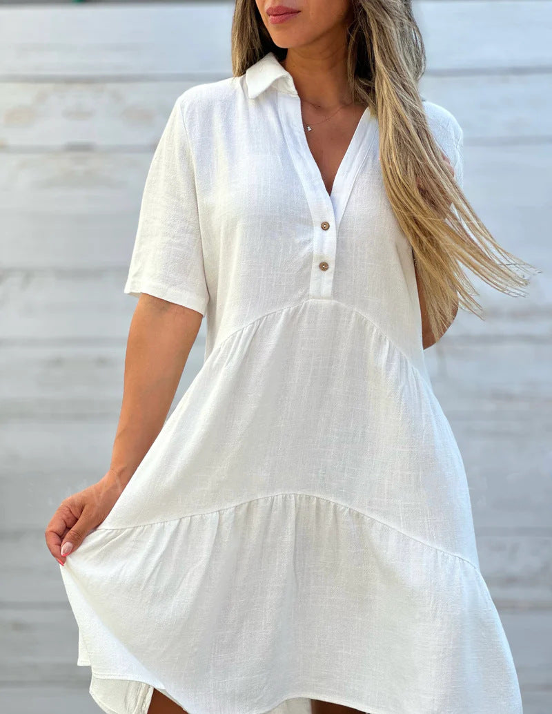 NTG Fad White / S Women Plain Shirt Collar Short Sleeve Comfy Casual Short Dress