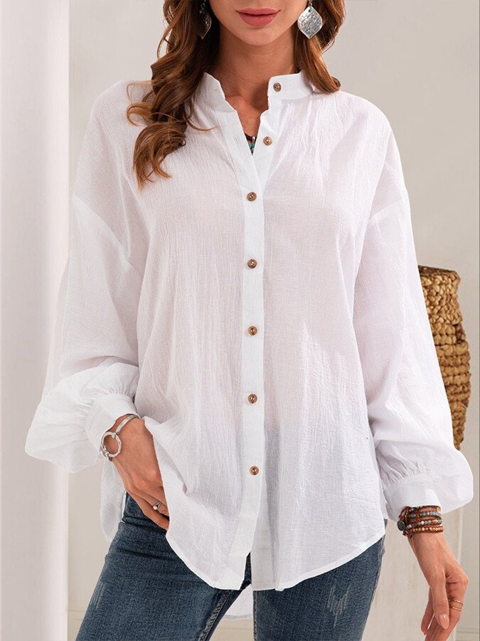NTG Fad White / S Women's Button V-neck Cotton Linen Shirt