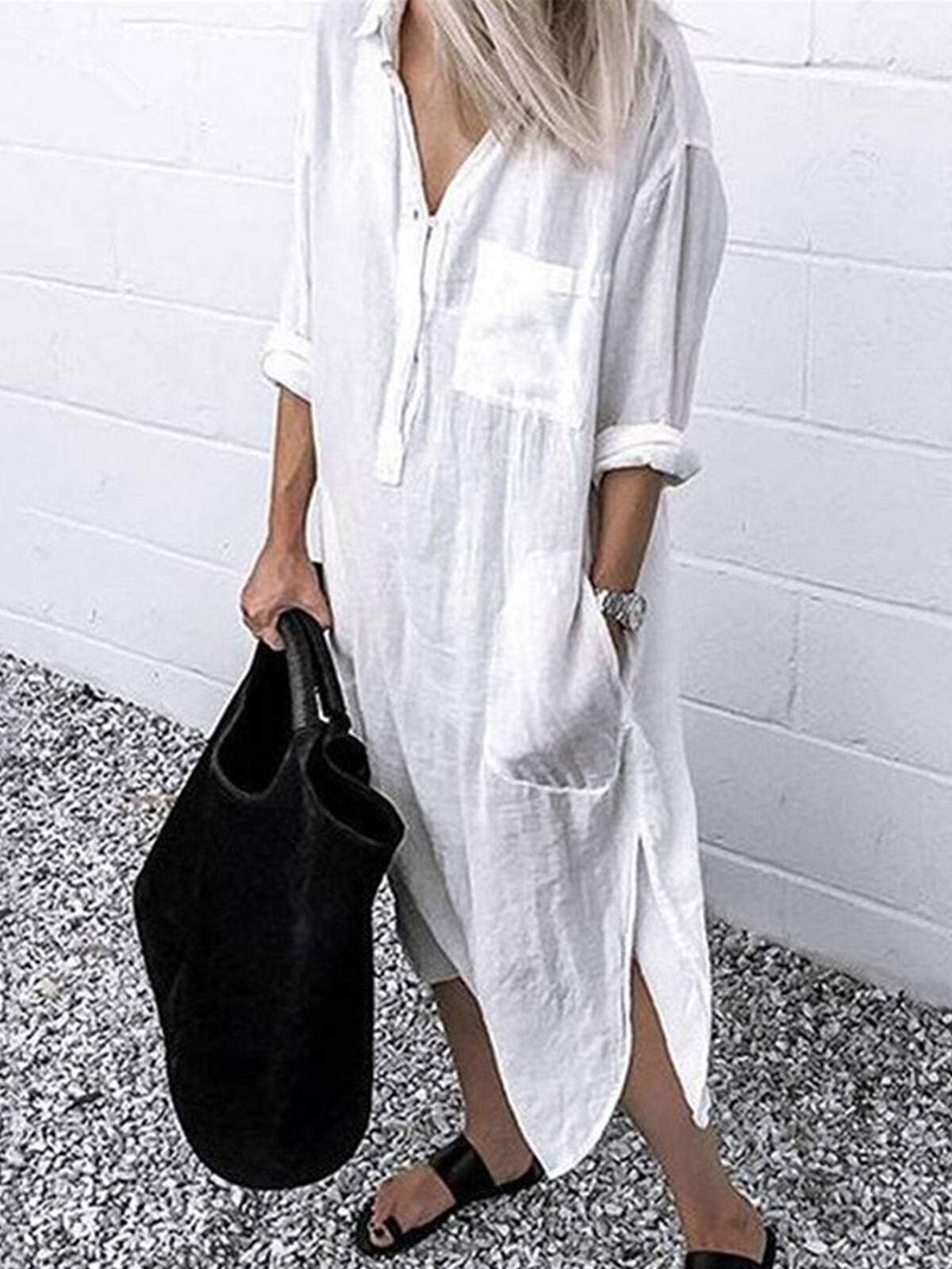 NTG Fad White / S Women's Casual Pure Color Cotton Shirt Dress