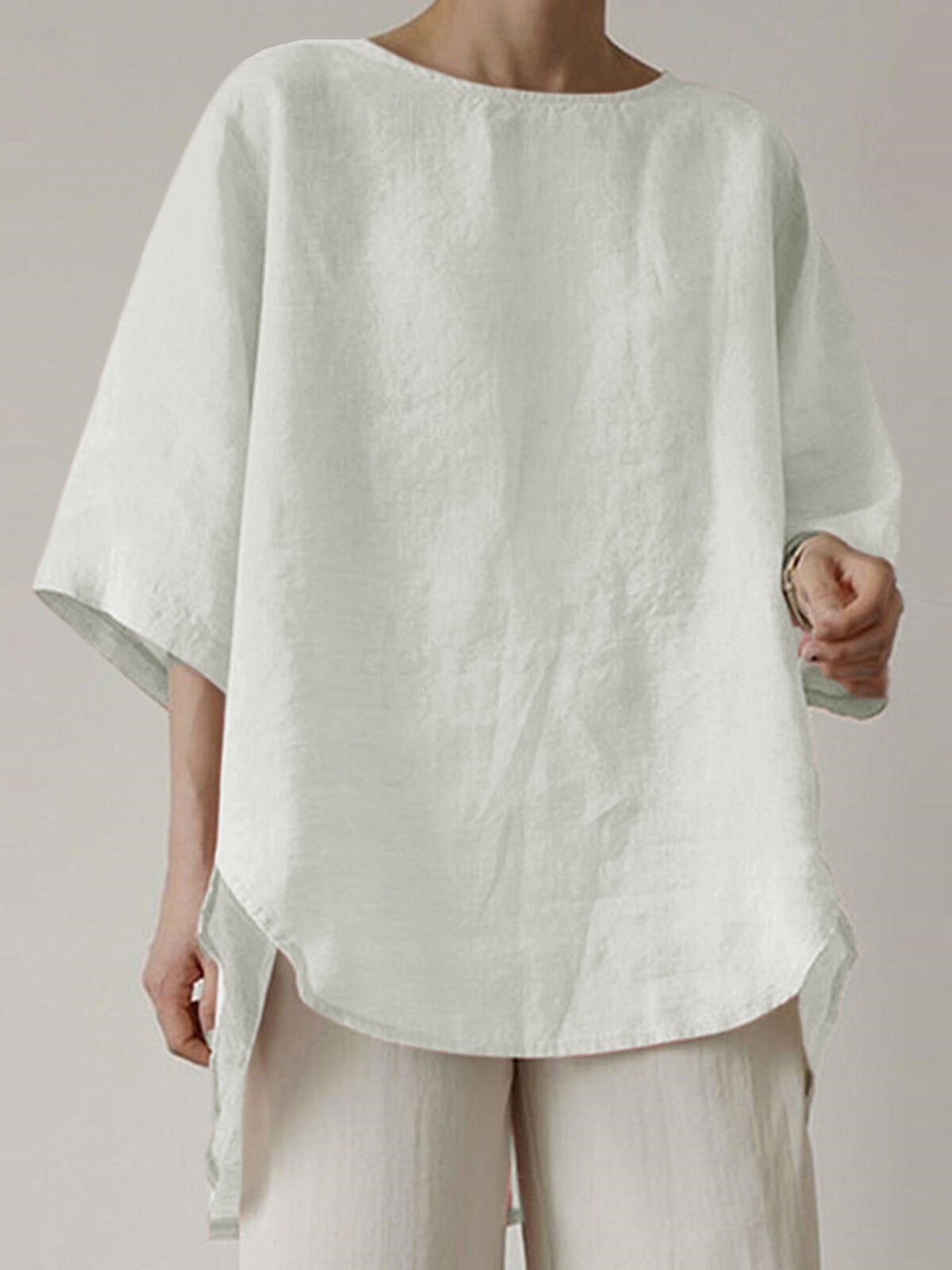 NTG Fad White / S Women's Casual Pure Color Half Sleeve Cotton And Linen Shirt