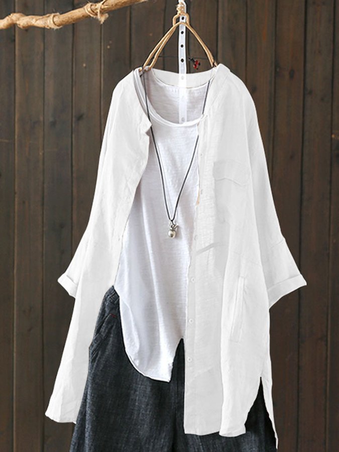NTG Fad White / S Women's Casual Pure Color Literary Cotton And Linen Shirt