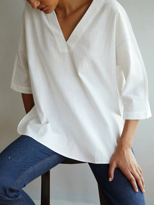 NTG Fad White / S Women's Casual Pure Color V-Neck Cotton Shirt