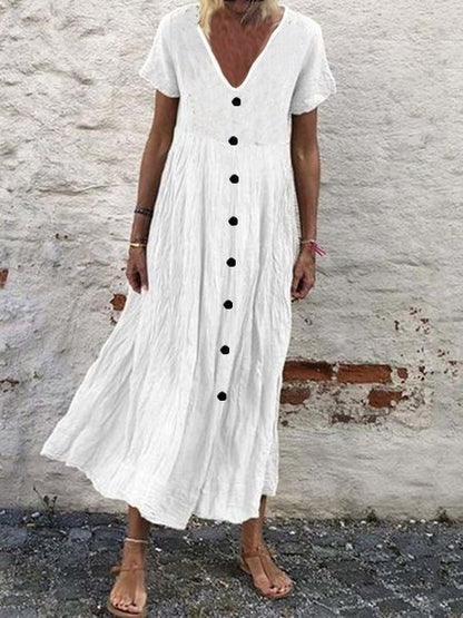 NTG Fad White / S Women's Casual Solid Color Button V-Neck Cotton Linen Dress