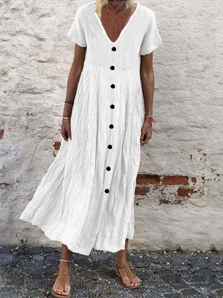 NTG Fad White / S Women's Casual Solid Color Button V-Neck Cotton Linen Dress