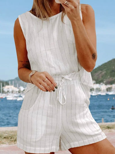 NTG Fad White / S Women's Casual Striped Cotton Linen Shorts Set