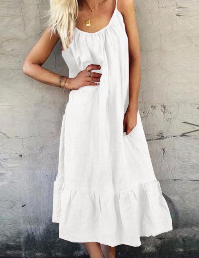 NTG Fad White / S Women's Cotton Hemp Suspender Solid Color Ruffle Dress